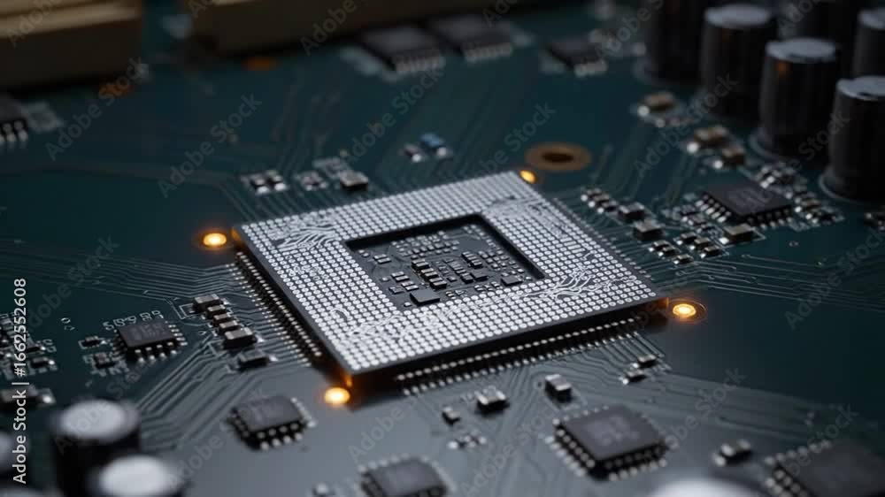 Poster closeup of central processor unit on green circuit board with golden light accent