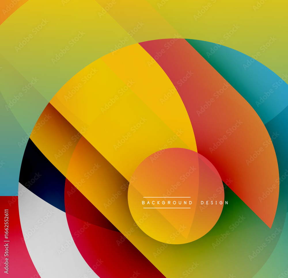 Poster abstract colorful layers create dynamic circular design. bright hues blend, forming modern visual ex