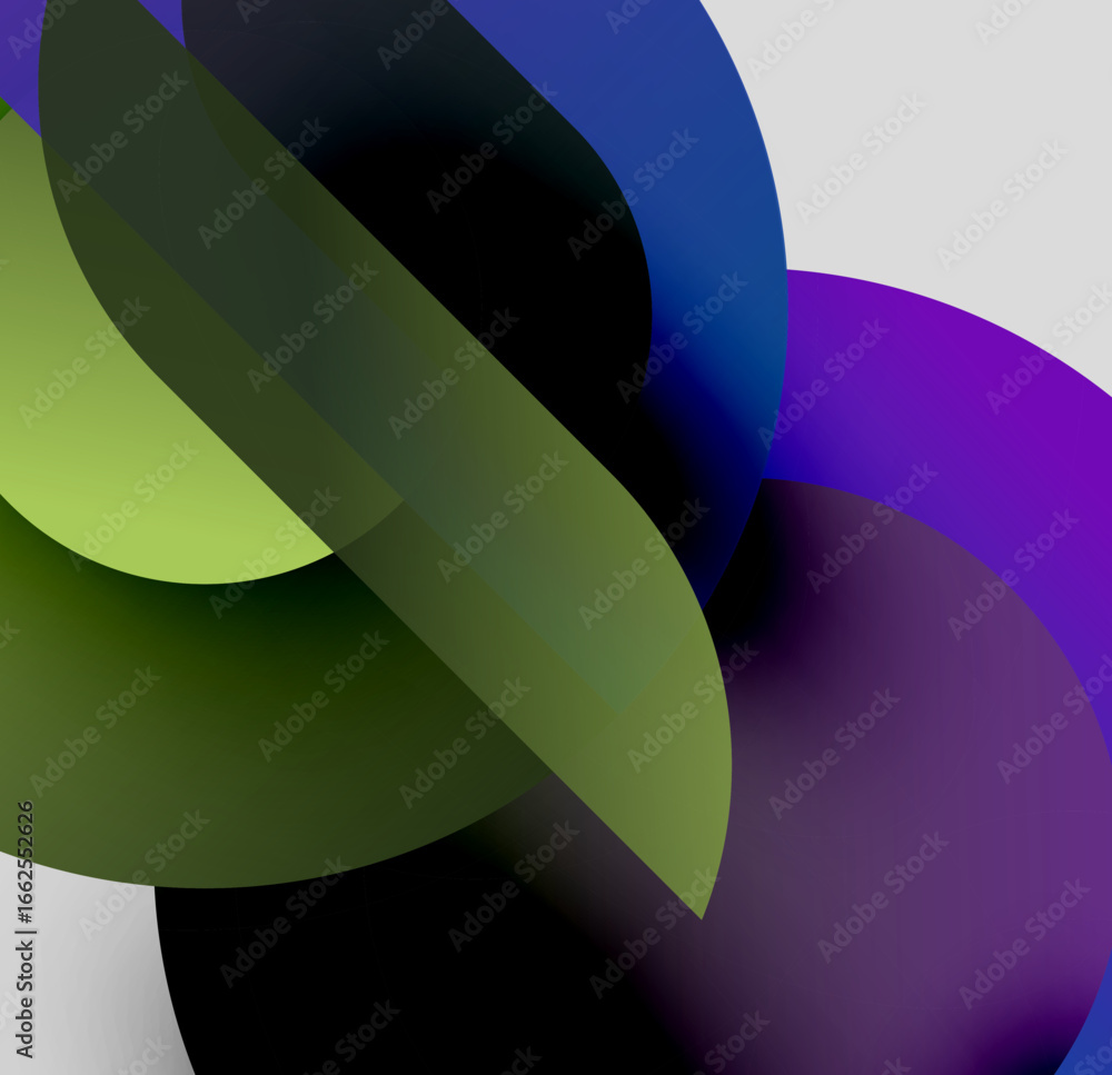 Poster abstract shapes overlap, creating vibrant color blends. smooth gradients define forms, suggesting de
