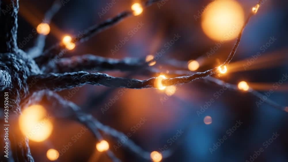 Poster close up visualization of a neuron with glowing nodes on dark blue background