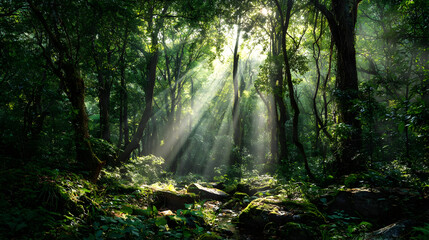 Obraz premium Sunbeams Illuminate Lush Green Forest Path