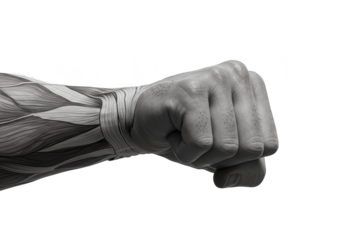 Closeup of a clenched fist with detailed muscle anatomy visible on the forearm, isolated on transparent background