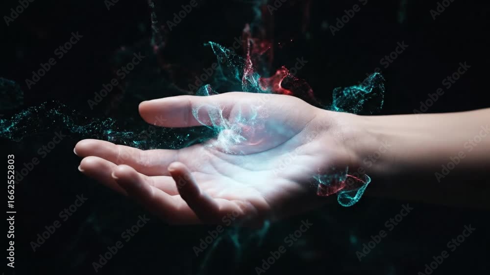 Poster elegant hand displaying glowing particles with abstract light on dark background