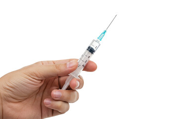 A hand holding a medical syringe with a needle, isolated on transparent background