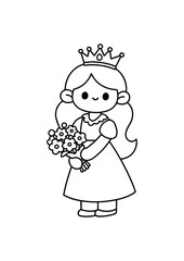 Kawaii Princess Holding Bouquet Line Art