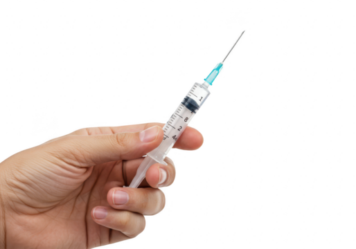 A hand holding a medical syringe with a needle, isolated on transparent background - Powered by Adobe