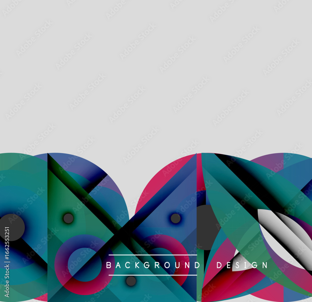 Poster abstract geometric shapes overlap, creating vibrant color gradients. modern design with gray backgro