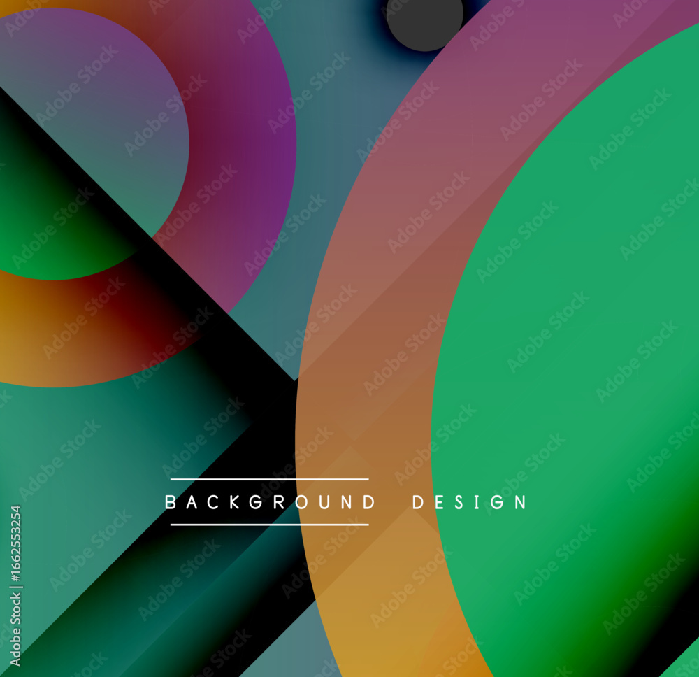 Poster abstract colorful shapes overlap, creating dynamic visual effect. gradient hues blend smoothly, form