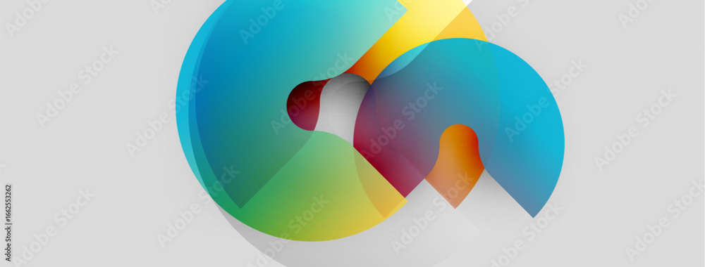 Poster abstract colorful shapes overlap, creating dynamic visual effect. gradient hues blend, suggesting mo