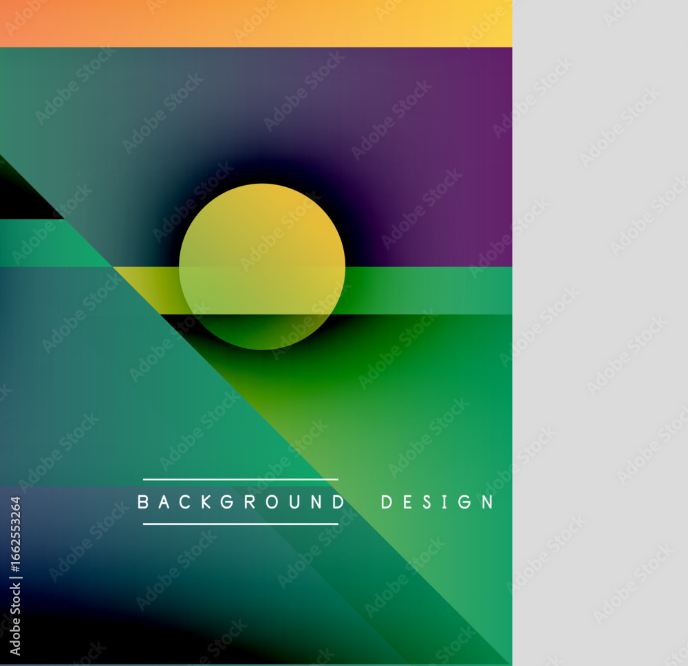 Poster abstract geometric composition. vivid colors blend, creating dynamic visual experience. shapes overl
