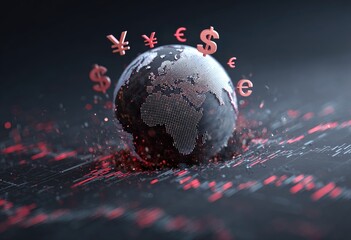 A 3D globe, centered, surrounded by various currency symbols, rests on a dark, intricate digital grid