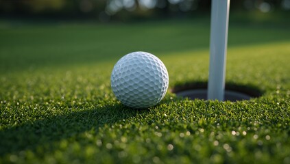 Close up of white golf ball on putting green near hole and flagstick