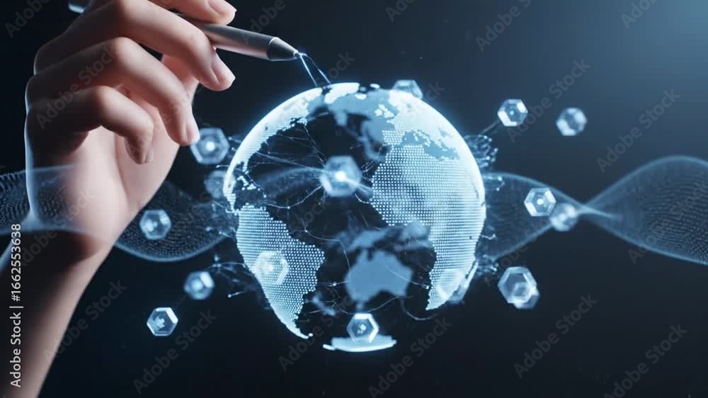 Poster hand interacting with glowing digital globe and polygonal elements on dark background