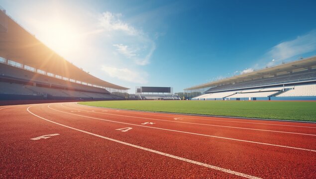 Empty red athletics track and grass field inside a stadium with bright sun