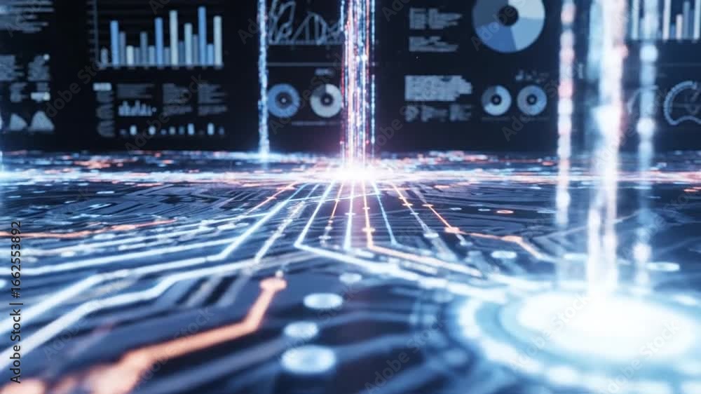 Poster intricate circuit board design with glowing light and data flowing on black background