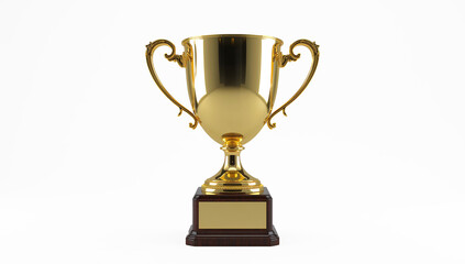 Ornate golden trophy cup with blank plaque and wooden base on a white background