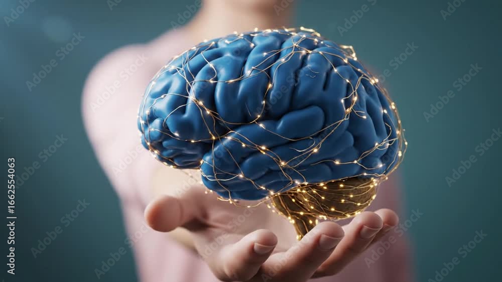 Poster man holding blue brain model covered in glowing neural network on teal background