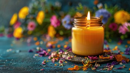 A warm amber candle surrounded by colorful flowers and dried petals on a textured surface