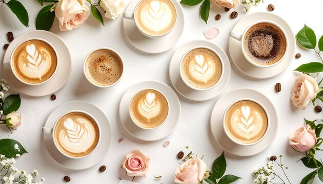 Coffee cups with latte art, flowers, and coffee beans