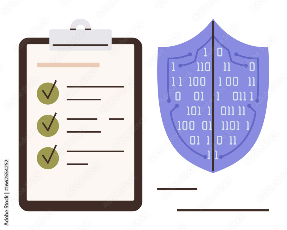 Poster clipboard with checklist beside a shield featuring binary code, emphasizing cybersecurity and system