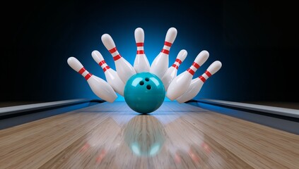 Turquoise bowling ball hitting falling white pins on a wooden lane