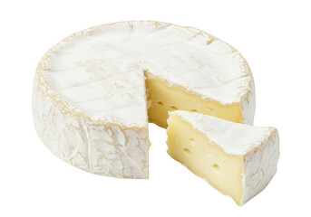 A wheel of brie cheese with a slice cut out, isolated on transparent background