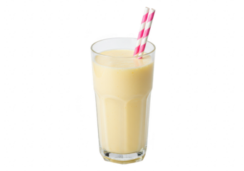 A glass of yellow smoothie with pink and white striped straw, isolated on transparent background