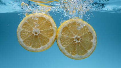 Two yellow lemon slices splashing into clear water on a blue background