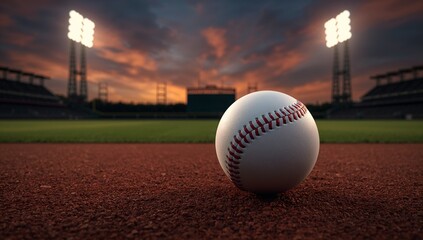 White baseball on brown dirt field with stadium lights at sunset