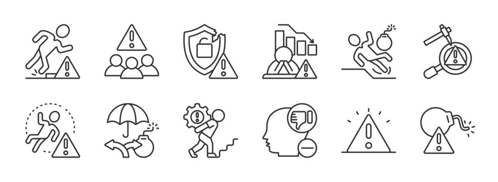 Risk Management web icon set in line style. Risk analysis, risk investment, minimizing losses, plan, low cost, collection. Vector illustration.