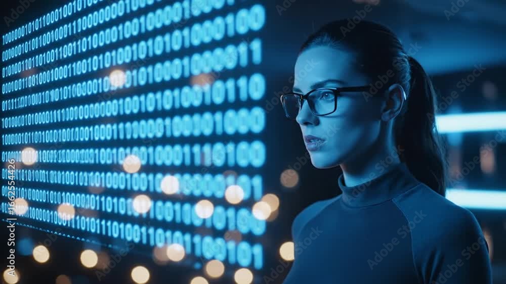 Poster pensive woman in glasses contemplates blue binary code display futuristic tech