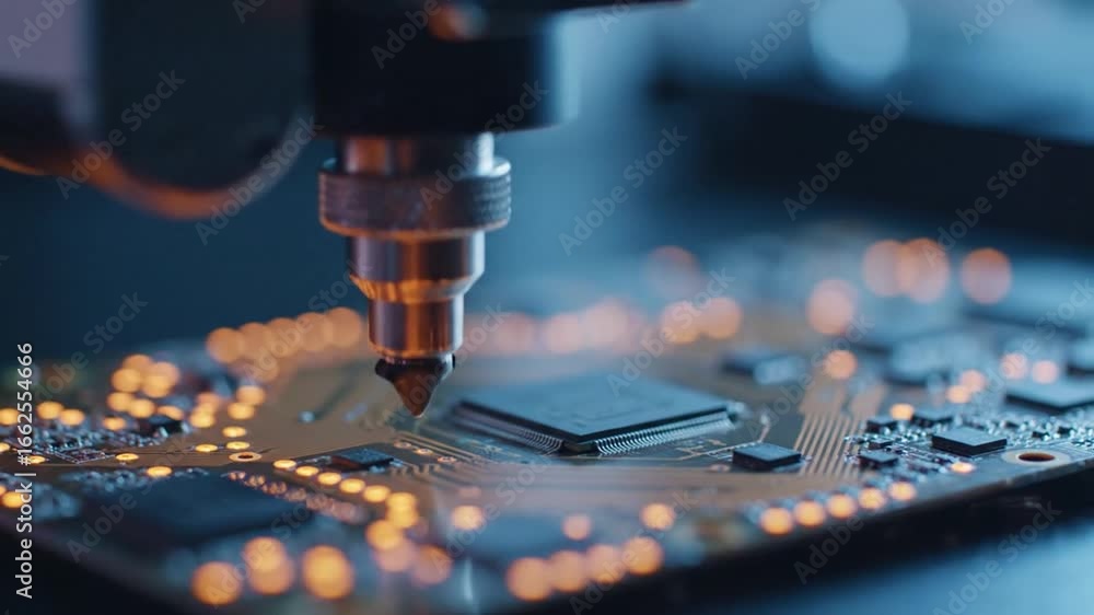 Poster precise machine analysis of microchip circuit board with electronic components