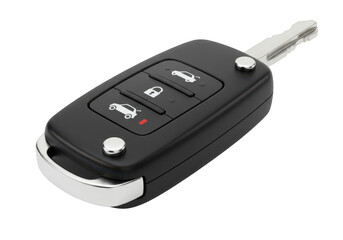 Modern car key fob with buttons for locking, unlocking, and starting the engine, isolated on transparent background