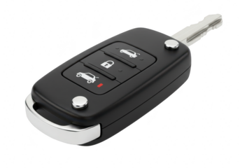 Modern car key fob with buttons for locking, unlocking, and starting the engine, isolated on transparent background