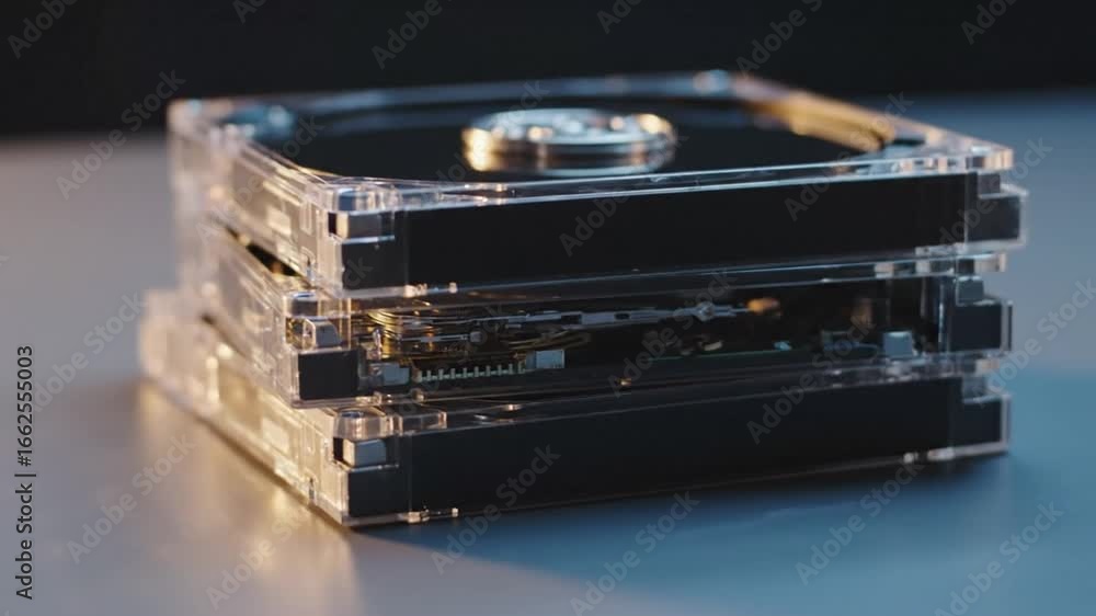 Poster stack of three open clear cased hard drives with black background on table