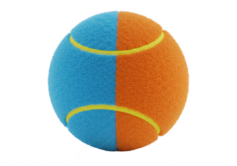 Twotoned blue and orange ball with yellow stripes, isolated on transparent background