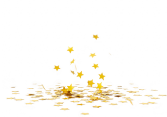 Scattered golden star confetti isolated on transparent background