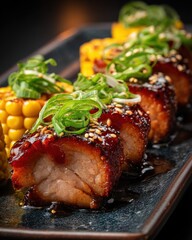 Pork Belly Cubes and Corn with Green Onions on Plate