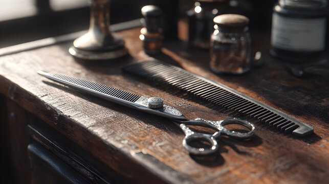 Vintage Barber Scissors and Comb on Wooden Table - Powered by Adobe
