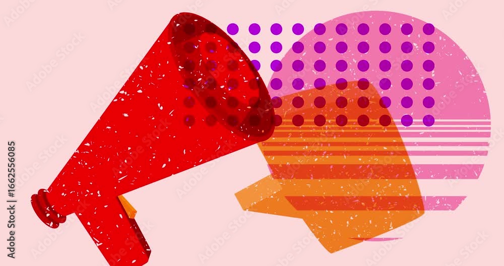 Poster Risograph Megaphone and speech bubble with geometric shapes animation. Moving object in trendy riso graph design video.