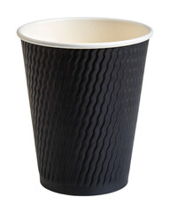 High-quality black disposable coffee cup with textured surface isolated on transparent background
