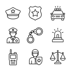 Police icons set hat badge car officer handcuffs siren radio guard scales.