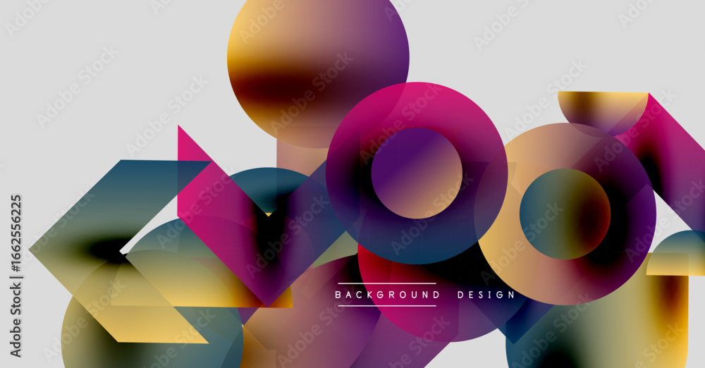 Poster abstract colorful shapes overlap. circles, triangles create dynamic composition. modern design, vibr