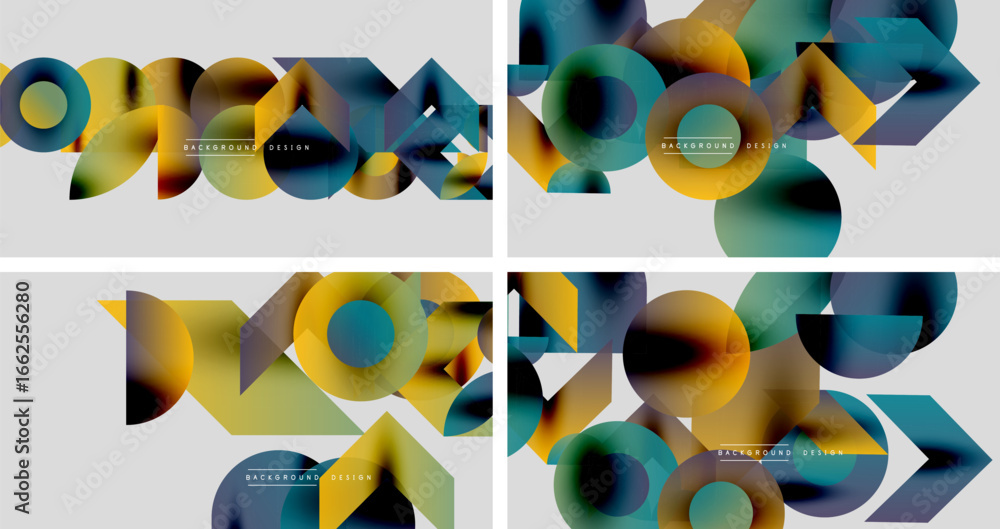 Poster abstract geometric shapes, vibrant colors, modern design elements. overlapping circles, triangles cr