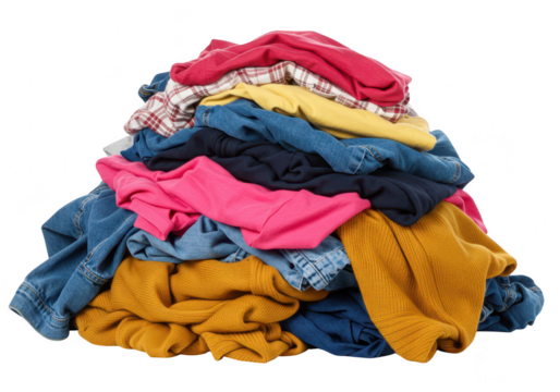 A messy pile of colorful laundry clothes, including jeans, shirts, and sweaters, isolated on a transparent background, representing domestic chores