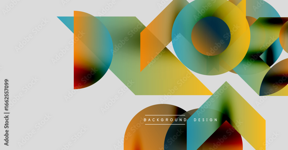 Poster abstract geometric shapes overlap, creating vibrant color blends. modern design elements suggest flu