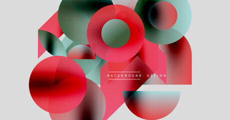 Abstract composition featuring overlapping circles, gradients. Red, green, teal hues dominate design. Modern aesthetic, simple background.