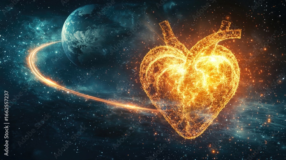 Sticker a glowing heart shape in space with a planet in the background.