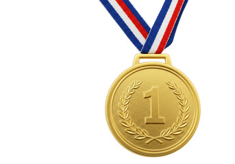Gold medal for first place with a red, white, and blue ribbon, isolated on transparent background
