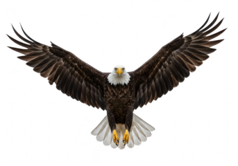 A bald eagle with wings spread wide, flying towards the viewer, isolated on transparent background